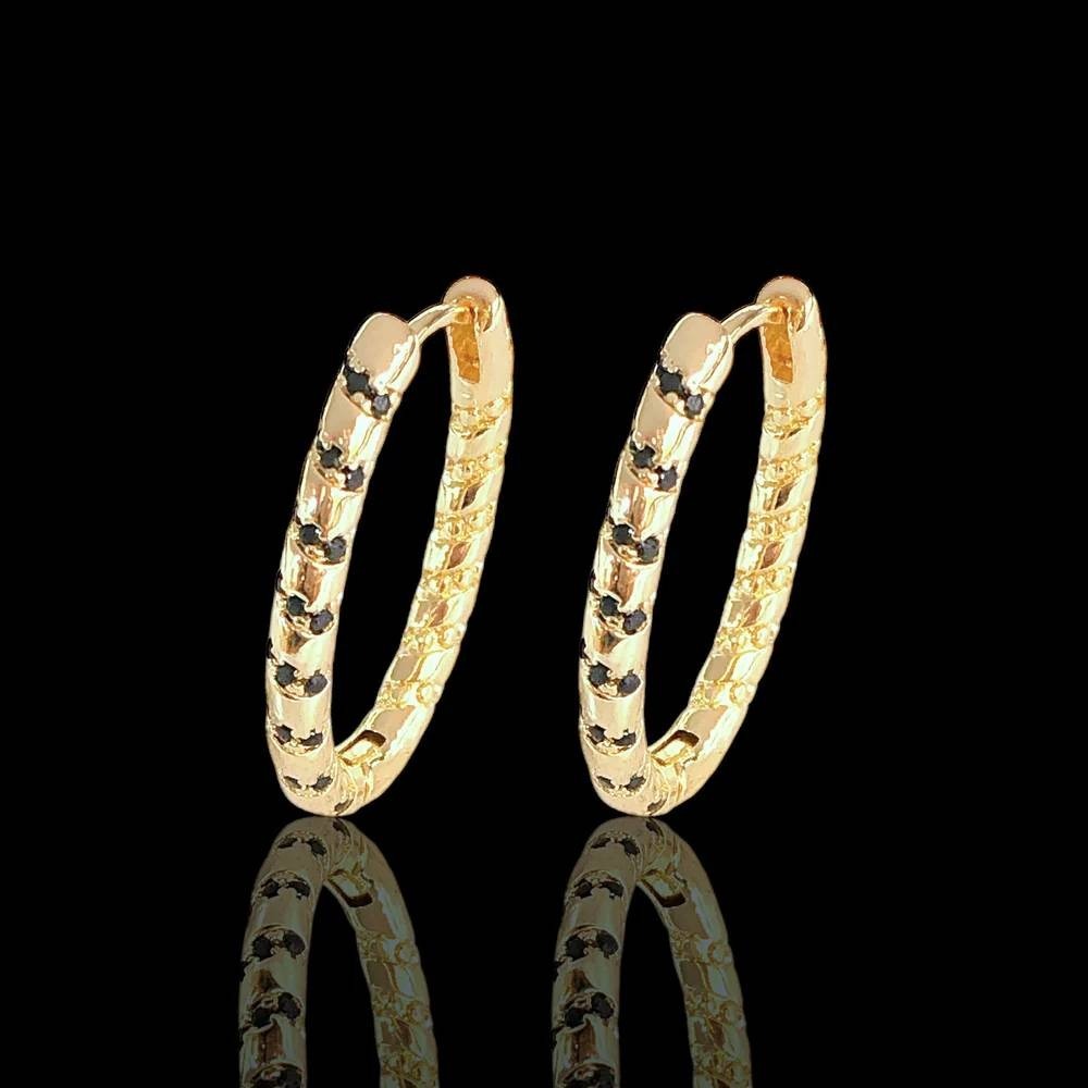 LAMINATED Gold Textured Hoop Earrings with Black Stone Accents  .5"X1"